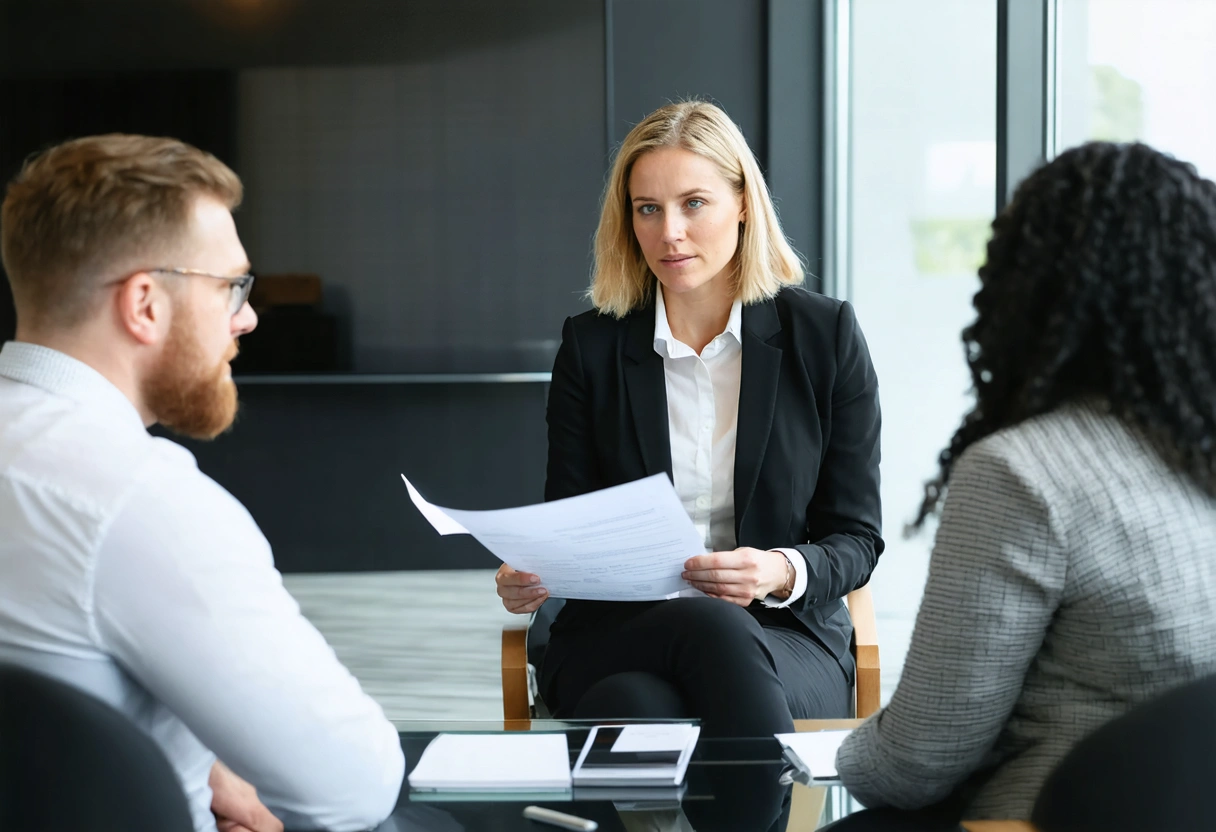 Three Florida professionals reenact mediation with attentive mediator and parties exchanging documents in a modern office