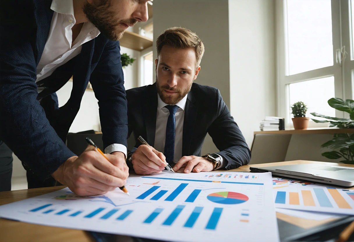 Two business partners and mediator reviewing financial charts in cozy office, attentive and collaborative atmosphere