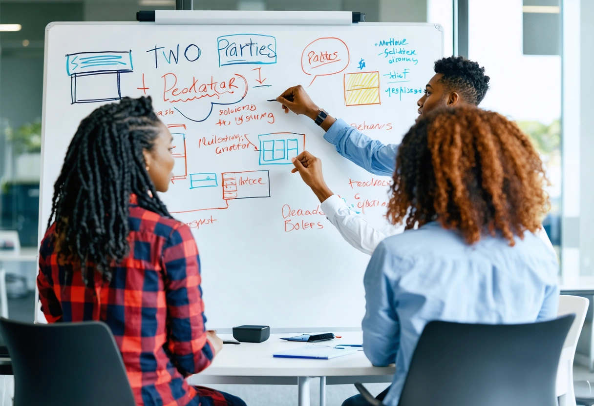Mediator and two parties brainstorming solutions on a whiteboard in a modern office, collaborative atmosphere