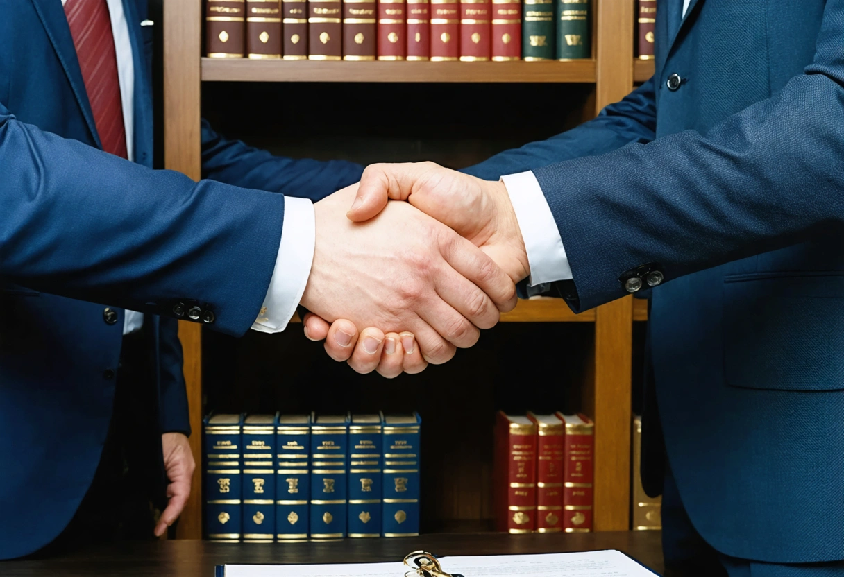 Two professionals shake hands with arbitrator in modern Florida office, legal books on shelves.